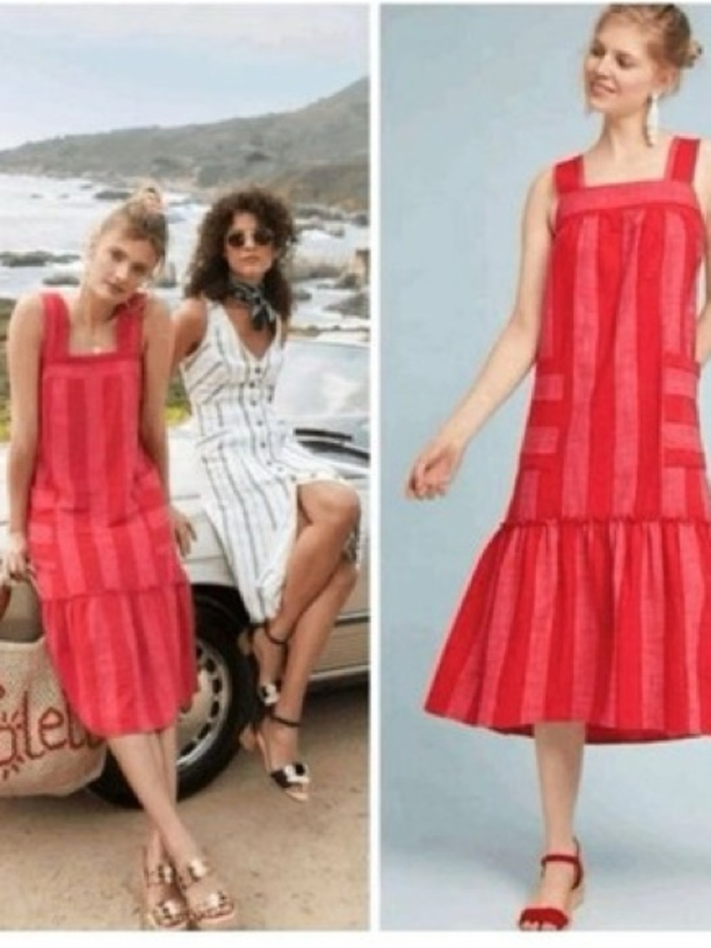 Maeve by Anthropologie Red Striped Square-Neck Midi Dress